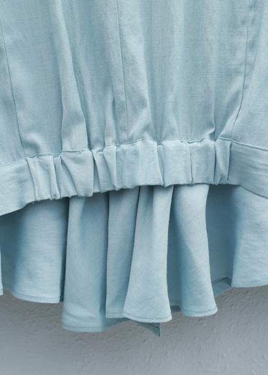 Light Blue Linen Box Top Cinched Ruffles Box Summer Blouses