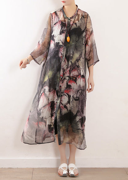 Light Gray Prints Blended Dress Photography Side Open Long Summer Dresses