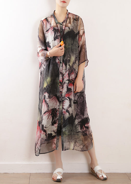 Light Gray Prints Blended Dress Photography Side Open Long Summer Dresses
