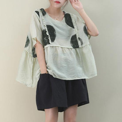 Light Green Dotted Cotton Blouse O Neck Loose Summer Blouse