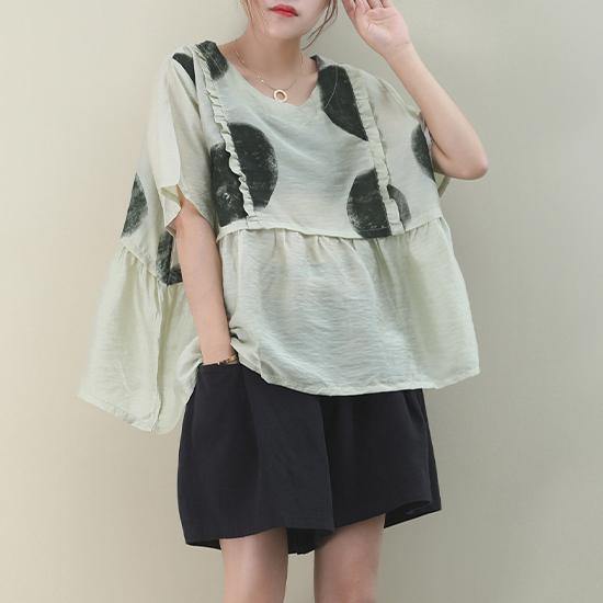 Light Green Dotted Cotton Blouse O Neck Loose Summer Blouse