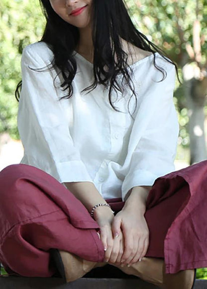 Linen Blouse Color Single Breasted White Reversible Blouse