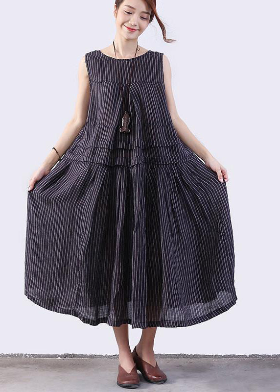 Chiffon Long Shirts Folded Splicing Stripe Dark Blue Vest Dress
