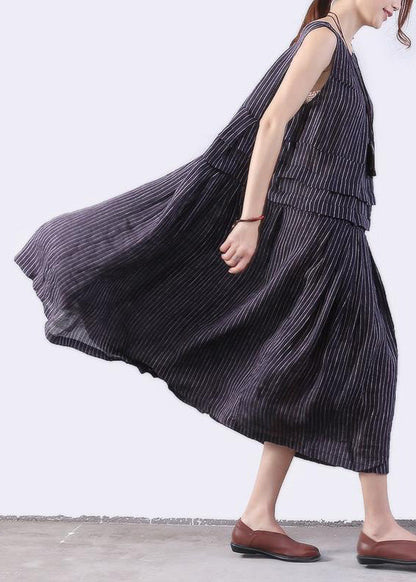 Chiffon Long Shirts Folded Splicing Stripe Dark Blue Vest Dress