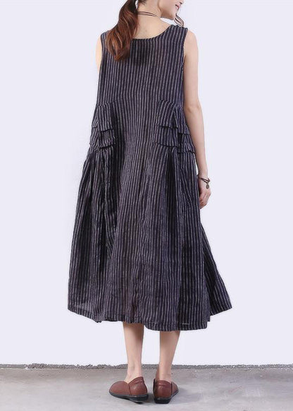 Chiffon Long Shirts Folded Splicing Stripe Dark Blue Vest Dress