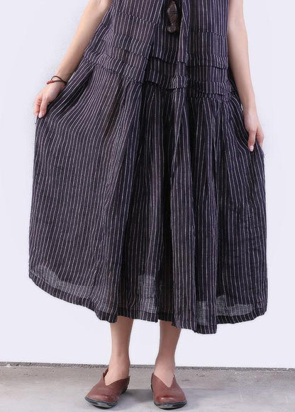 Chiffon Long Shirts Folded Splicing Stripe Dark Blue Vest Dress