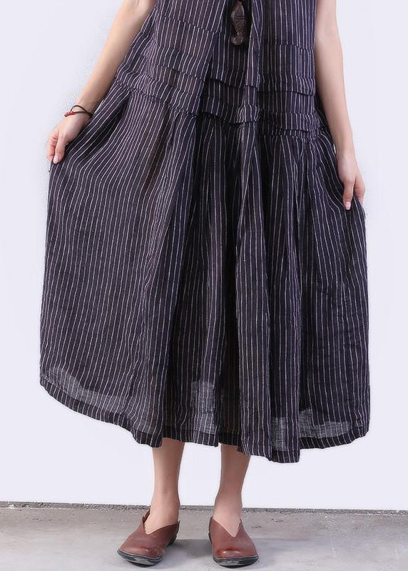 Chiffon Long Shirts Folded Splicing Stripe Dark Blue Vest Dress