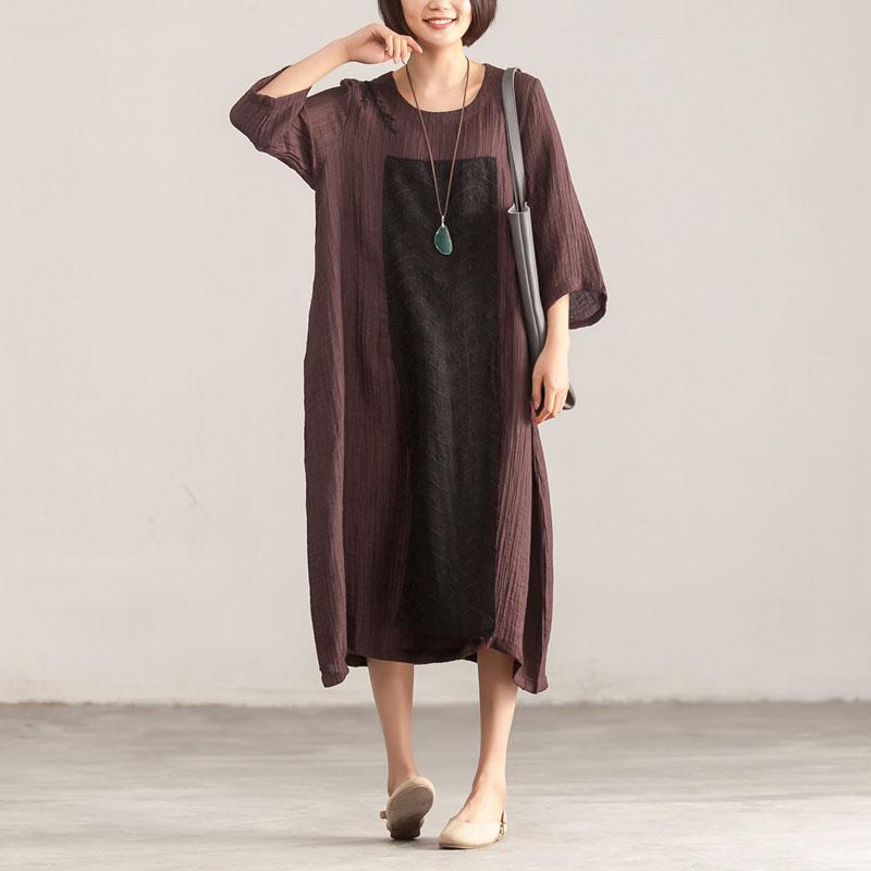 Linen Clothes for Metropolitan Museum Splicing Loose Three Quarter Sleeve Wine Red Dress