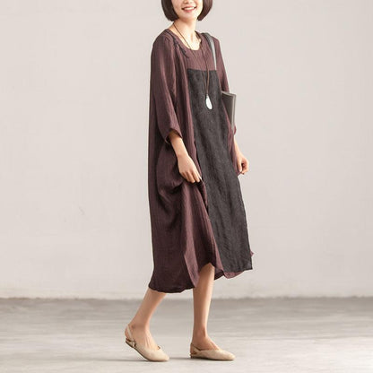 Linen Clothes for Metropolitan Museum Splicing Loose Three Quarter Sleeve Wine Red Dress