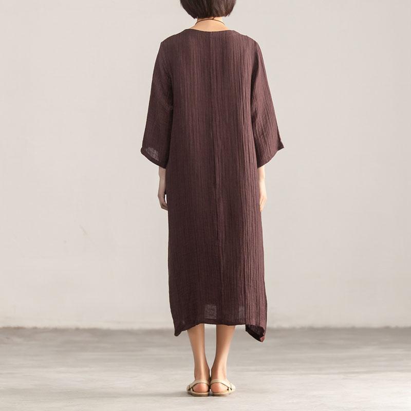 Linen Clothes for Metropolitan Museum Splicing Loose Three Quarter Sleeve Wine Red Dress