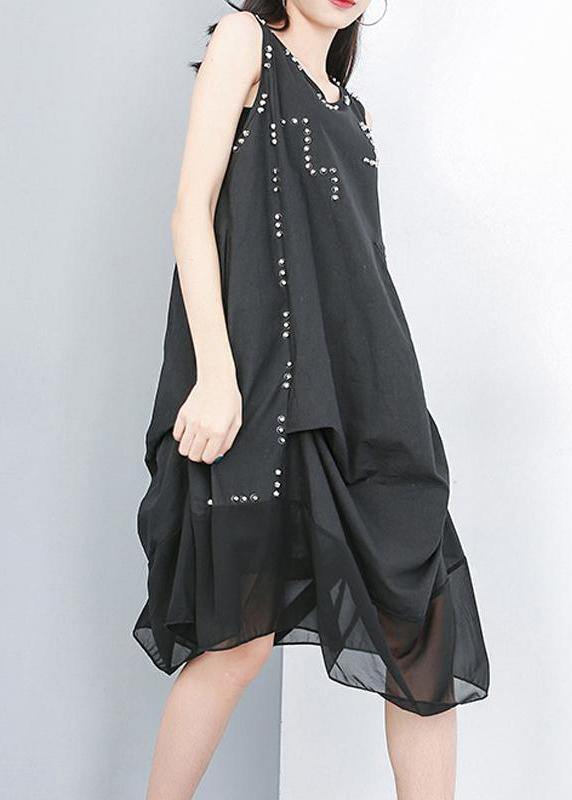 Linen Cotton Clothes for Fitted Sleeveless Patchwork Irregular Dress