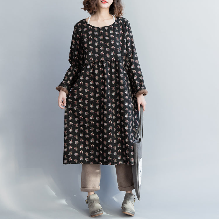 Linen Cotton Dress Pakistani O Neck Cinched Shape Black Love Dresses