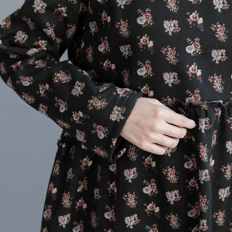 Linen Cotton Dress Pakistani O Neck Cinched Shape Black Love Dresses
