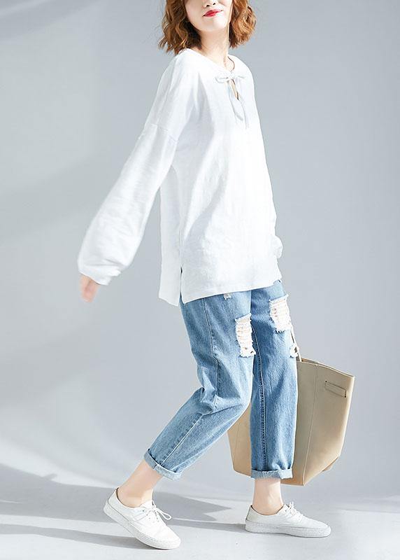 Women long sleeve cotton Tunic Outfits white tops