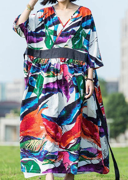 Multicolor Cotton Dress V Neck Tie Waist Long Summer Dresses