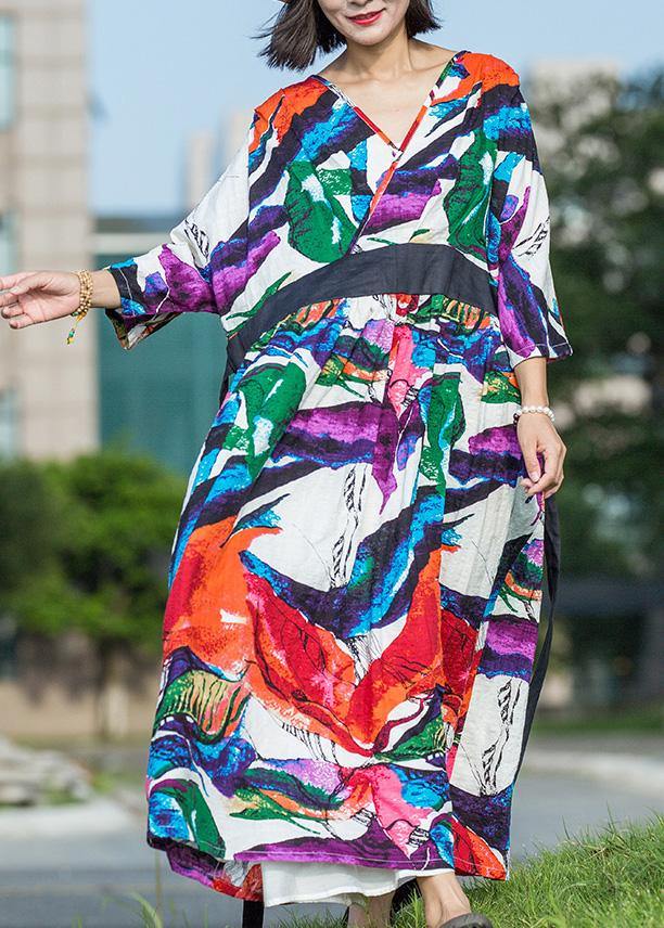 Multicolor Cotton Dress V Neck Tie Waist Long Summer Dresses