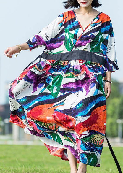 Multicolor Cotton Dress V Neck Tie Waist Long Summer Dresses