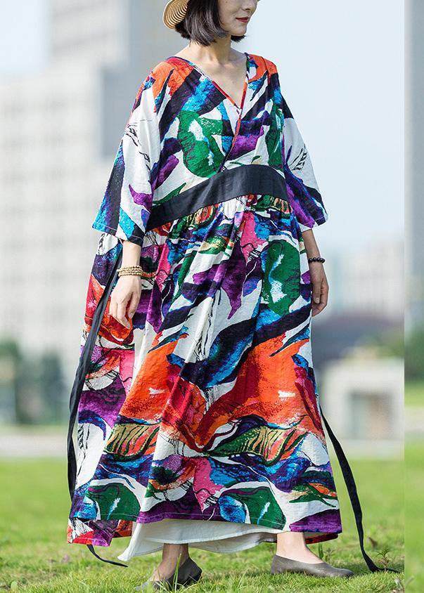 Multicolor Cotton Dress V Neck Tie Waist Long Summer Dresses