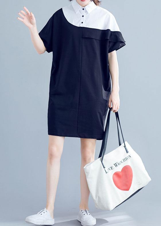 Navy Cotton Dresses O Neck Patchwork Midi Summer Dress