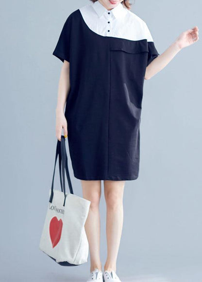 Navy Cotton Dresses O Neck Patchwork Midi Summer Dress