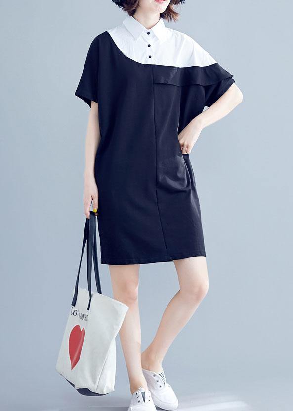 Navy Cotton Dresses O Neck Patchwork Midi Summer Dress