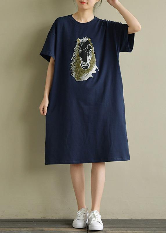 Navy Cotton Outfit O Neck Embroidery Oversized Summer Dress