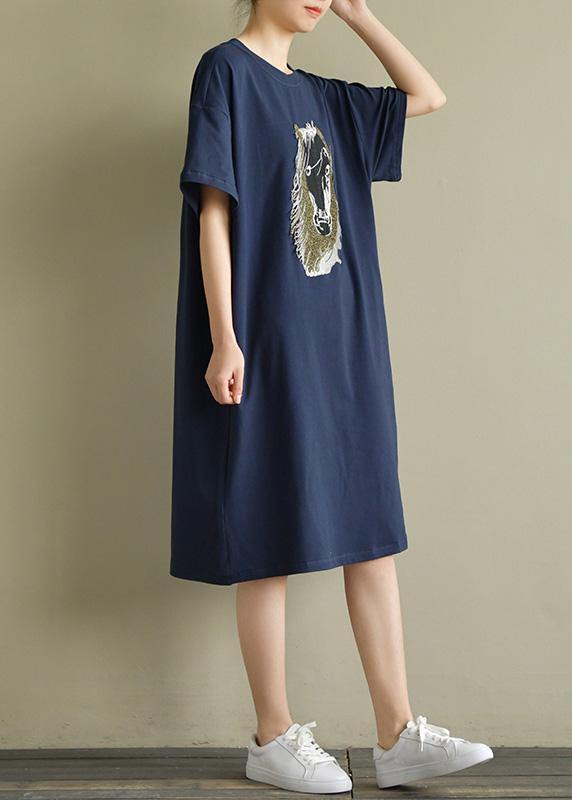 Navy Cotton Outfit O Neck Embroidery Oversized Summer Dress