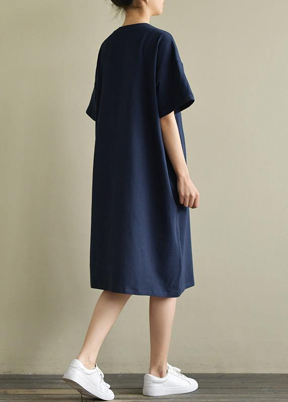Navy Cotton Outfit O Neck Embroidery Oversized Summer Dress