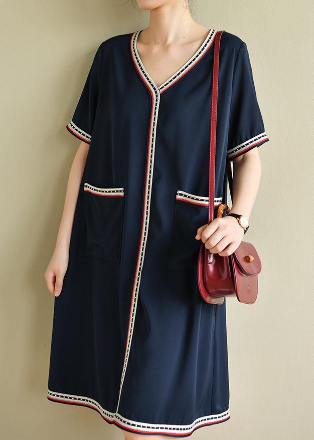 Navy Clothes V Neck Pockets Baggy Summer Dresses