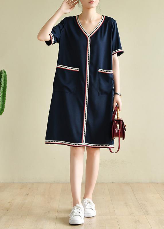 Navy Clothes V Neck Pockets Baggy Summer Dresses