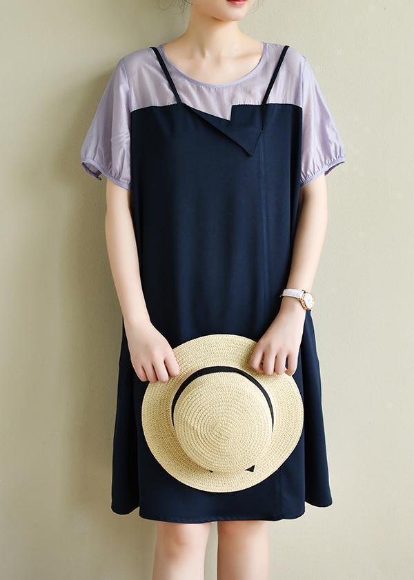 Navy Dress Patchwork False Two Pieces a Line Dresses