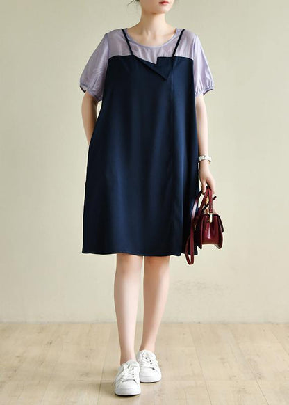 Navy Dress Patchwork False Two Pieces a Line Dresses