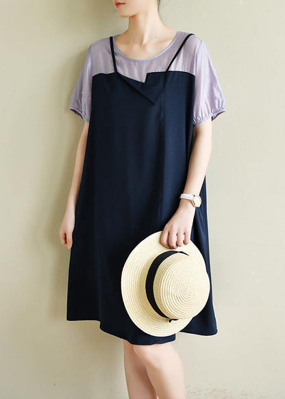 Navy Dress Patchwork False Two Pieces a Line Dresses