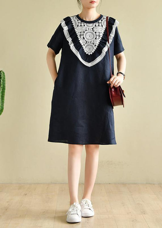 Navy Patchwork Lace Quilting Clothes O Neck Loose Dress
