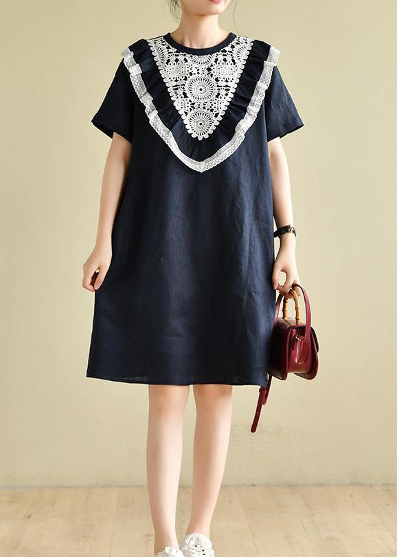 Navy Patchwork Lace Quilting Clothes O Neck Loose Dress