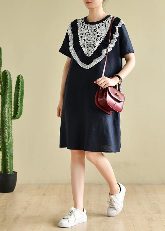 Navy Patchwork Lace Quilting Clothes O Neck Loose Dress
