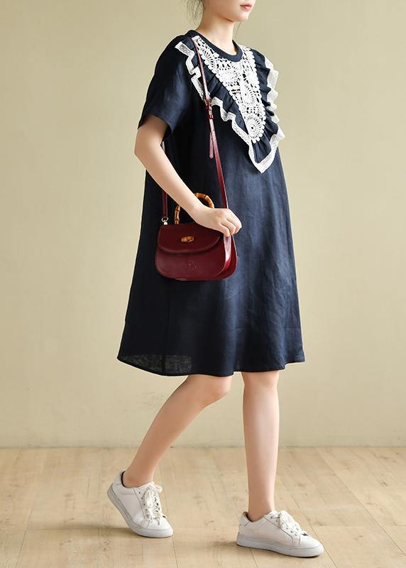 Navy Patchwork Lace Quilting Clothes O Neck Loose Dress