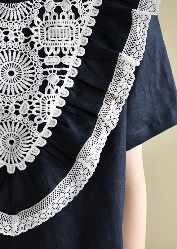 Navy Patchwork Lace Quilting Clothes O Neck Loose Dress