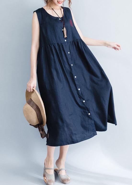 Navy Patchwork Linen Cotton Clothes for Sleeveless Maxi Summer Dress
