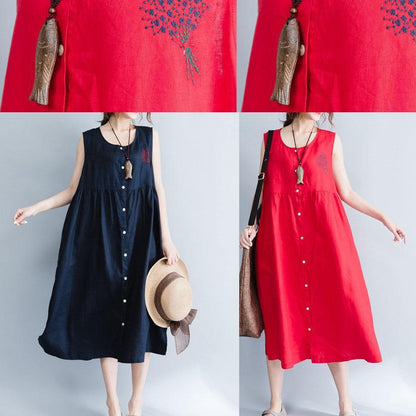 Navy Patchwork Linen Cotton Clothes for Sleeveless Maxi Summer Dress