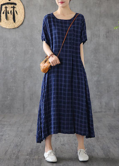 Navy Plaid Linen Clothes O Neck Short Sleeve Cotton Robes Dress