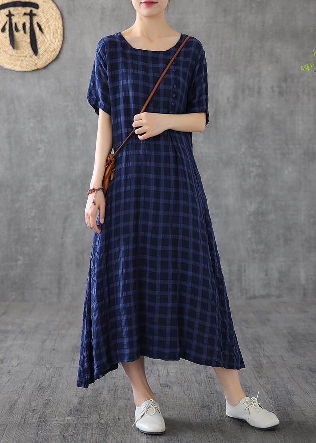 Navy Plaid Linen Clothes O Neck Short Sleeve Cotton Robes Dress
