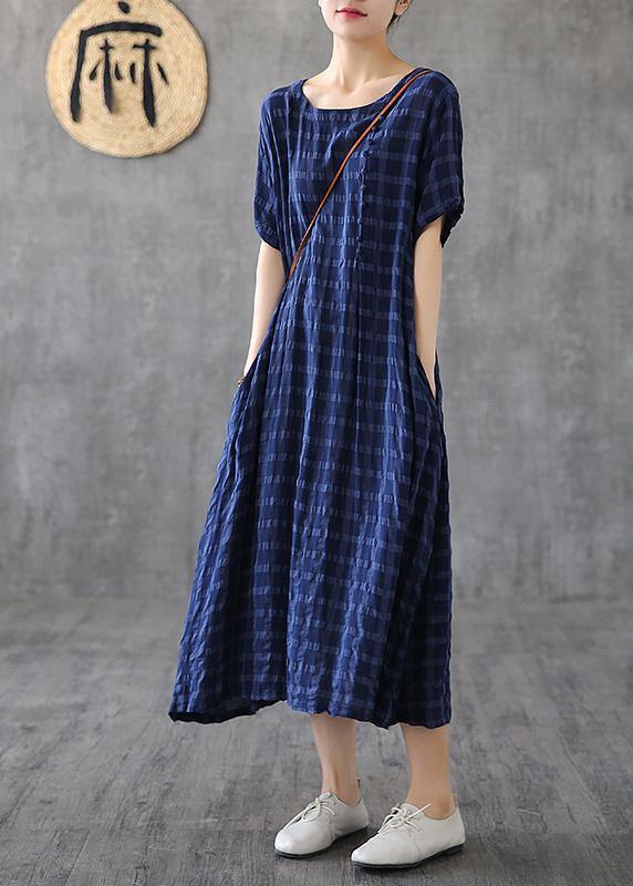 Navy Plaid Linen Clothes O Neck Short Sleeve Cotton Robes Dress