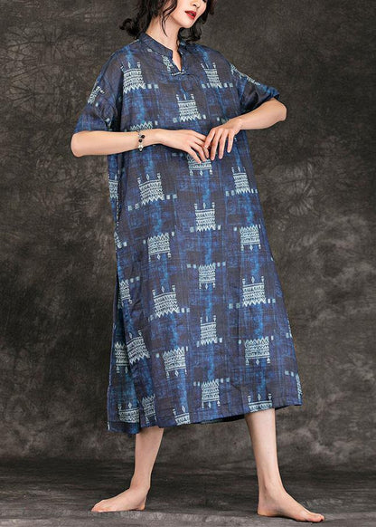 Navy Print Linen Dress Stand Collar Tie Waist Maxi Summer Dress