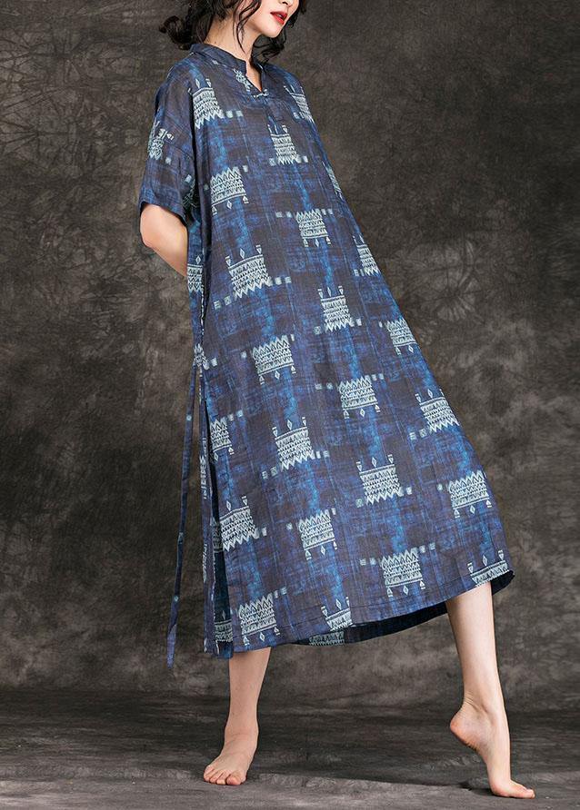 Navy Print Linen Dress Stand Collar Tie Waist Maxi Summer Dress