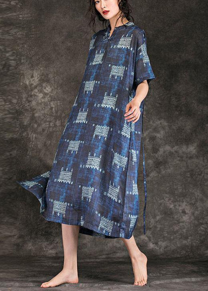 Navy Print Linen Dress Stand Collar Tie Waist Maxi Summer Dress