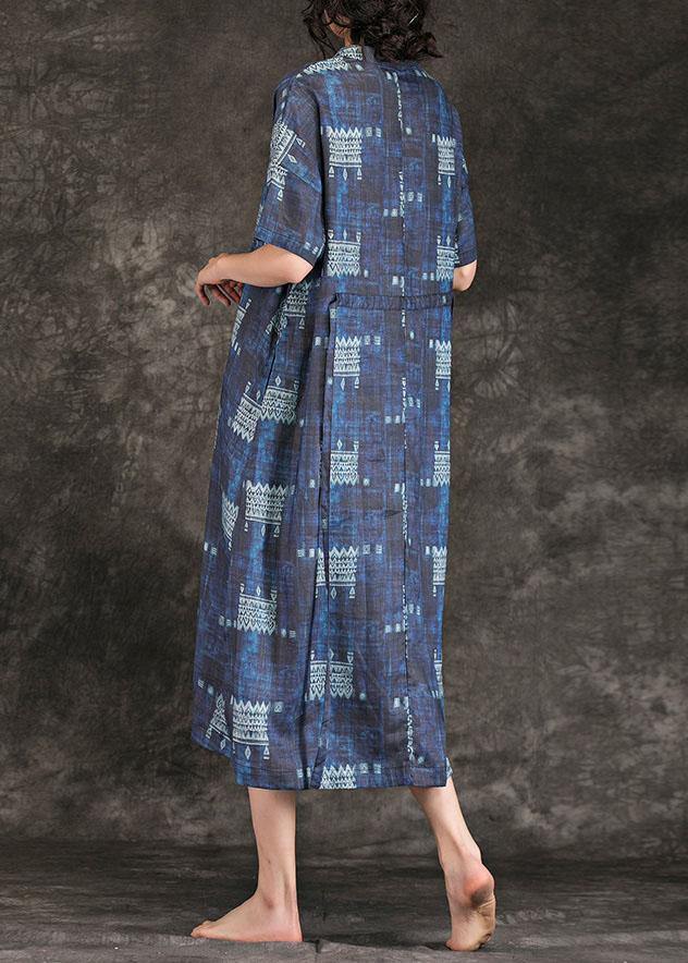 Navy Print Linen Dress Stand Collar Tie Waist Maxi Summer Dress
