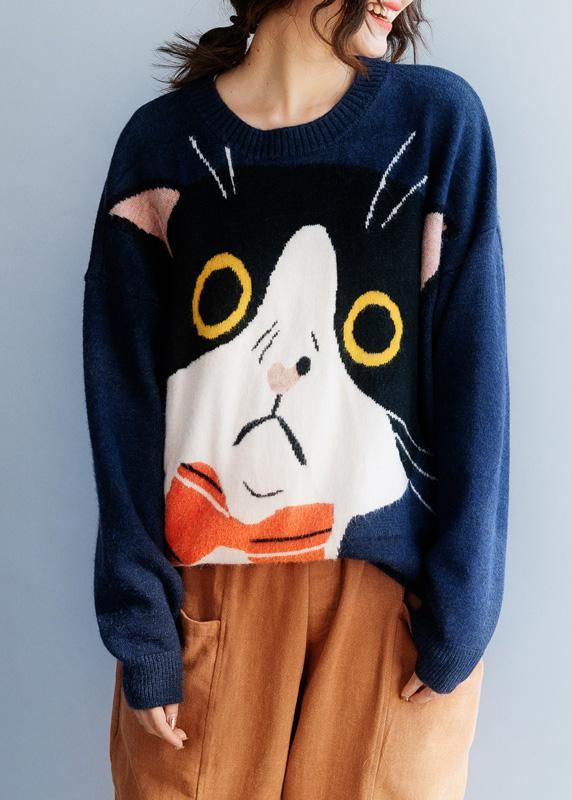 Navy Sweater Tops Winter Loose Fitting Animal Print Knitwear