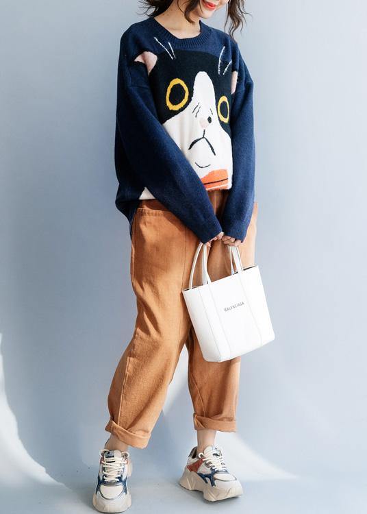 Navy Sweater Tops Winter Loose Fitting Animal Print Knitwear