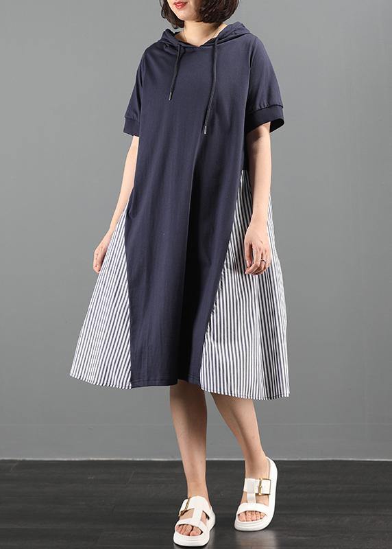 Navy Tunic Dress Hooded Patchwork Striped Maxi Dresses